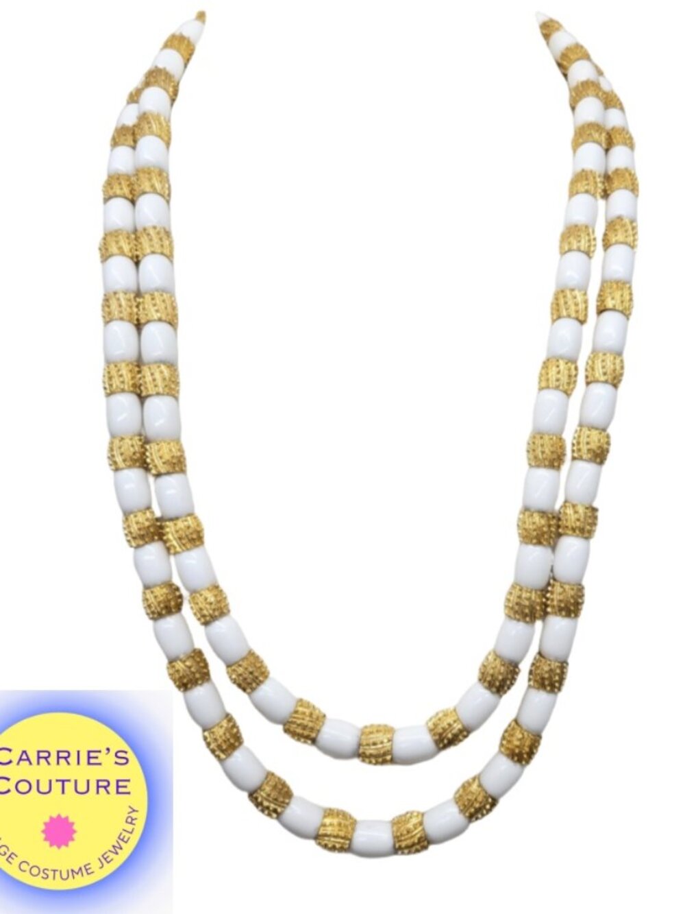 Vintage 1963 Signed Crown Trifari 2-Strand Goldtone White Beaded Necklace